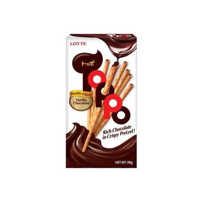 Toppo vanilija-čokolada pretzeli 40 g, Lotte pakiranje, bijelo i smeđe