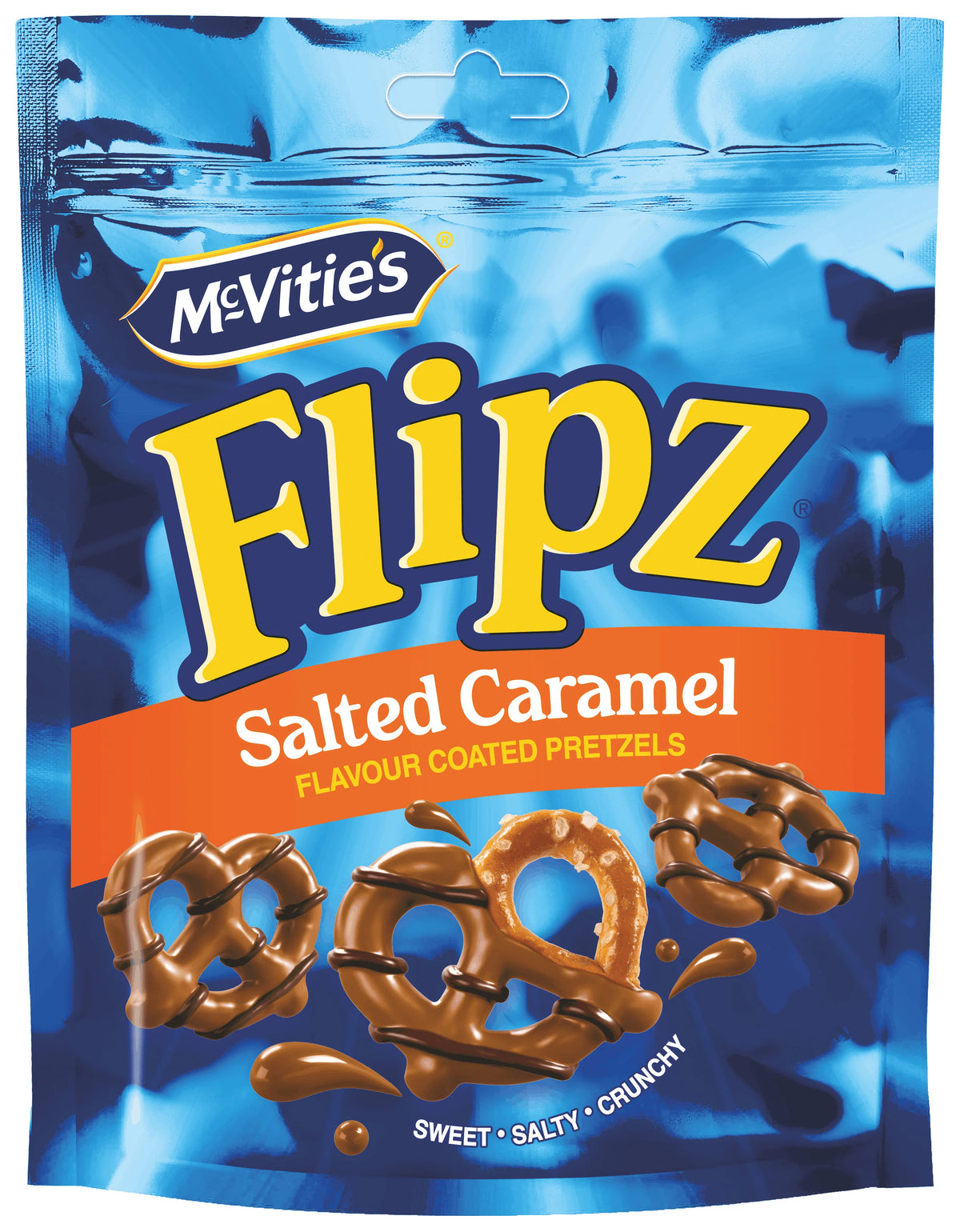 Flipz vrećica slanog karamele s prelivenim perecima, plava ambalaža McVitie's