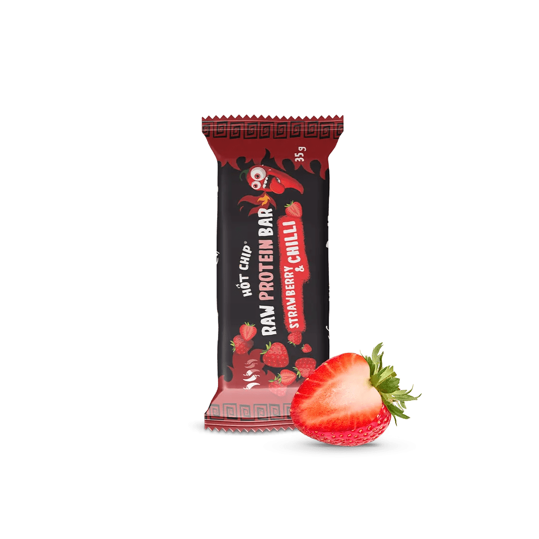 Šipka sirovog proteina s omotom u crnoj i crvenoj boji, okus jagode, 35 g